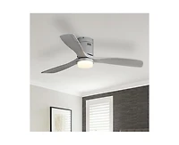 52-inch Modern Sliver 3 Solid Wood Blades Flush Mount Tri color Adjustable Ceiling Fan Light with Remote Control