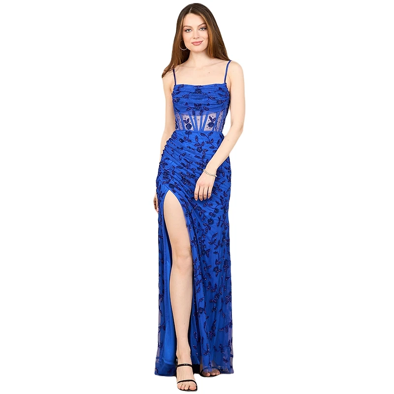 Lara Women's Beaded Corset Gown with Slit