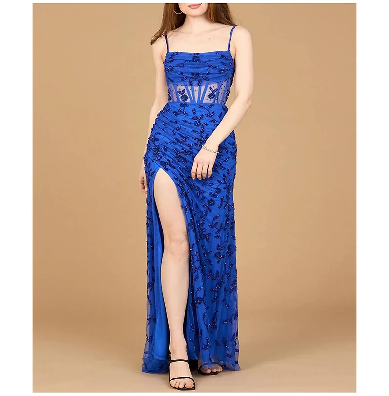 Lara Women's Beaded Corset Gown with Slit