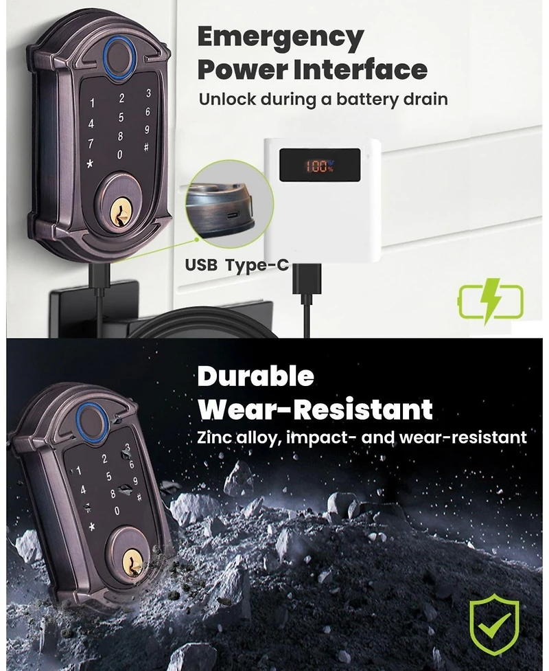 Keyless-Entry Deadbolt Smart Lock with Fingerprint, Keypad, Key Fob, Smartphone Bluetooth Control, Auto-Lock, IP56 Waterproof, Venetian Bronze