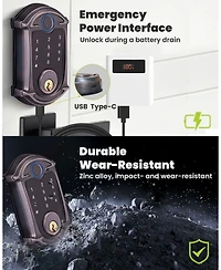 Keyless-Entry Deadbolt Smart Lock with Fingerprint, Keypad, Key Fob, Smartphone Bluetooth Control, Auto-Lock, IP56 Waterproof, Venetian Bronze