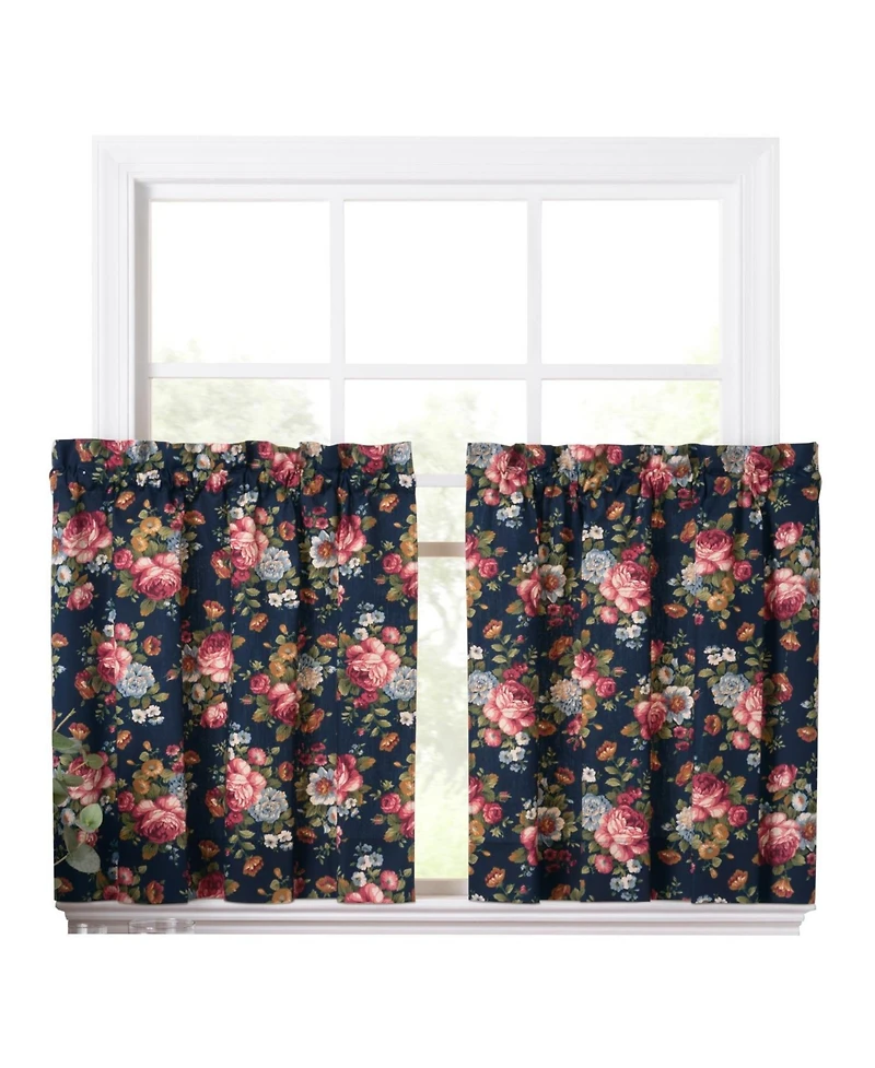 Ellis Bella Rose Stylish Medium Scale Printed Floral Pattern 1.5" Rod Pocket Tier 56"x36" Navy