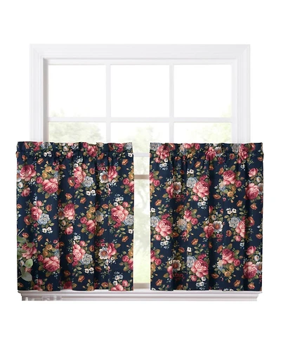 Ellis Bella Rose Stylish Medium Scale Printed Floral Pattern 1.5" Rod Pocket Tier 56"x36" Navy