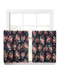Ellis Bella Rose Stylish Medium Scale Printed Floral Pattern 1.5" Rod Pocket Tier 56"x36" Navy