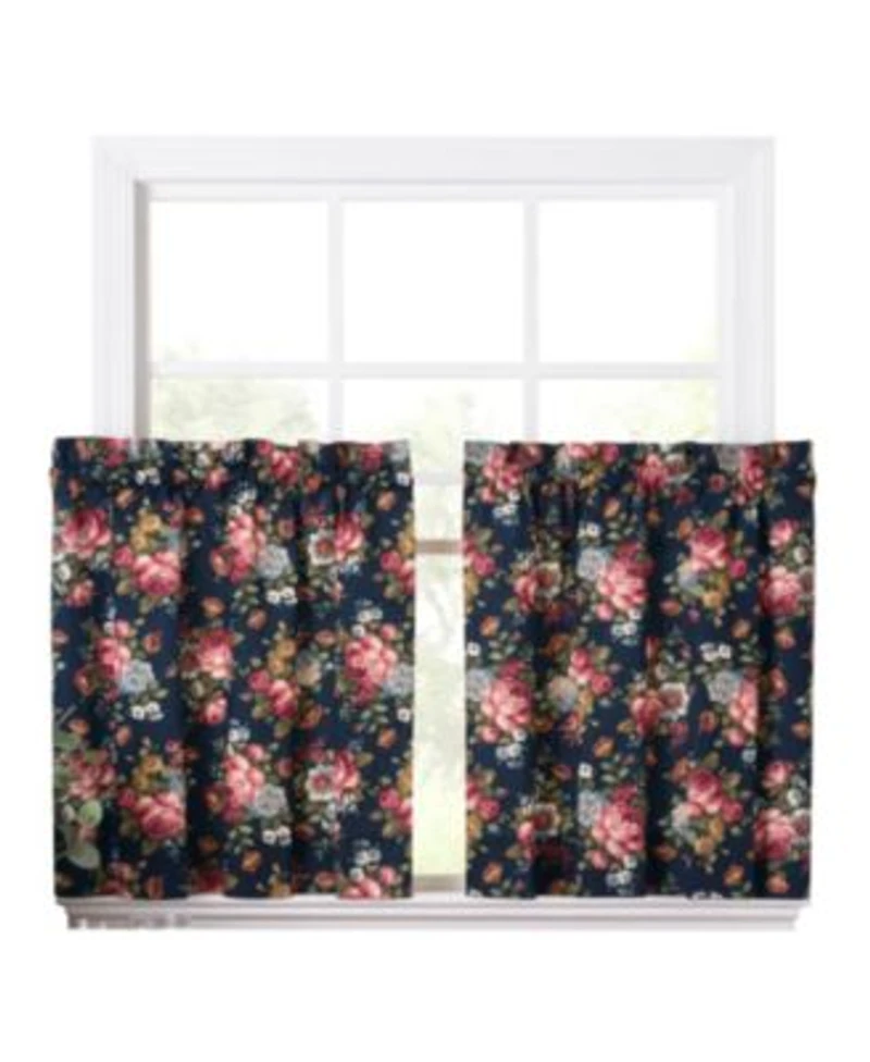 Ellis Bella Rose Stylish Medium Scale Printed Floral Pattern 1.5 X22 Rod Pocket Tier 56 X22x36 X22 Navy