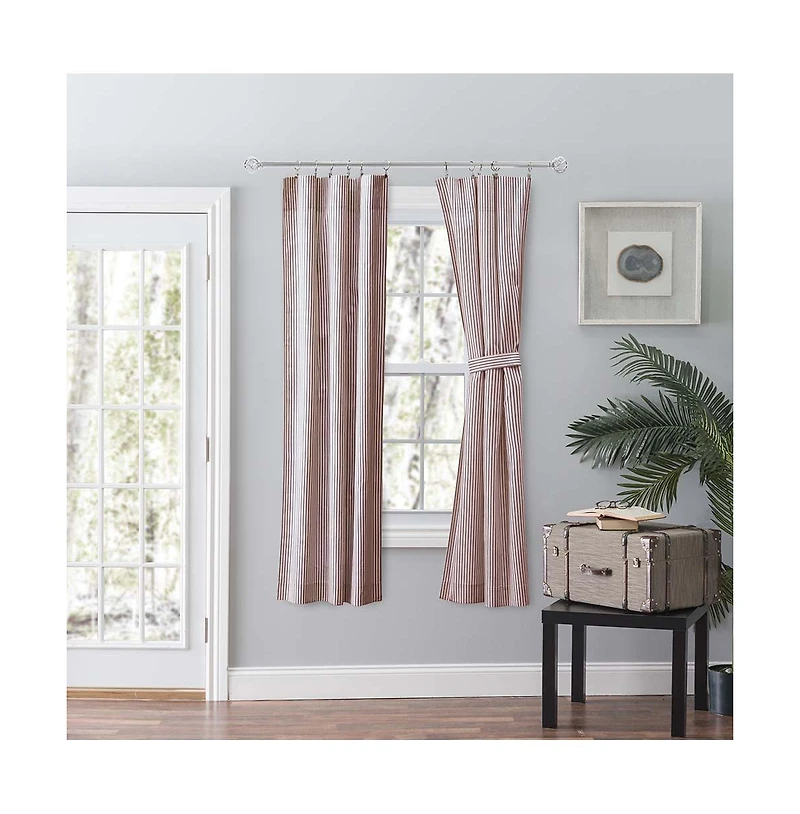 Ellis Curtain Plaza Classic Ticking Stripe Printed on Natural Ground Tailored Panel Pair with Tiebacks 56" x 63" Brick