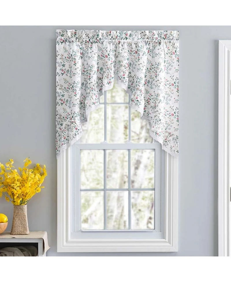 Ellis Curtain Country Floral Small Scale 1.5" Rod Pocket Floral Pattern with Ruffle Lace Edge Swag.