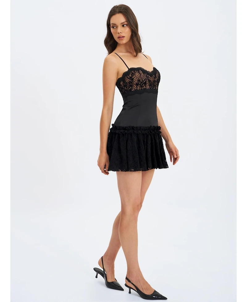 Miss Circle Women's Umra Black Contrast Lace Sweetheart Gathered Mini Dress