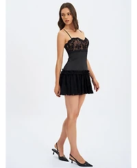 Miss Circle Women's Umra Black Contrast Lace Sweetheart Gathered Mini Dress