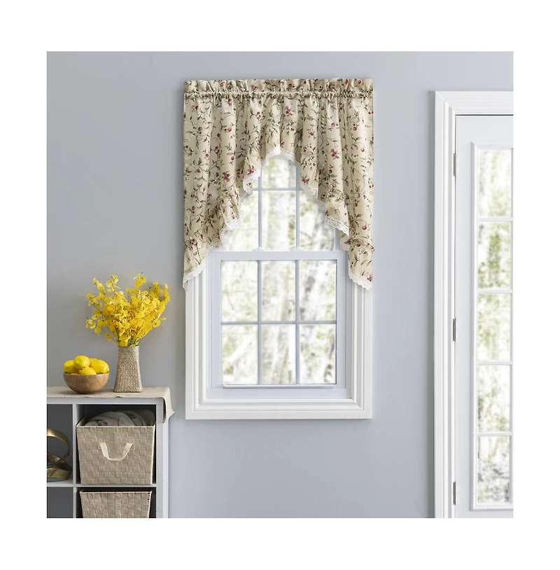 Ellis Curtain Cherries Ruffled 1.5" Rod Pocket Swag for Windows Lace Edge 58" x 36" Natural
