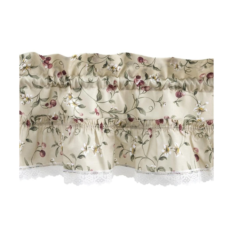 Ellis Curtain Cherries Ruffled 1.5" Rod Pocket Valance for Windows 52" x 12" Natural