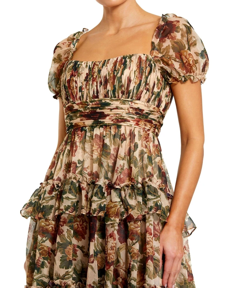 Mac Duggal Women's Chiffon Puff Sleeve A Line Midi Dress With Ruffles
