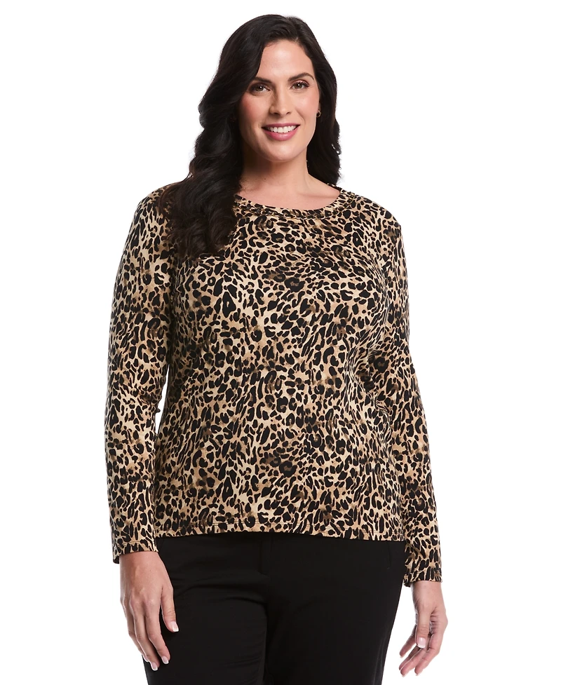 Rafaella Women's Plus Animal Print Chain Neck Detail Long Sleeve Top