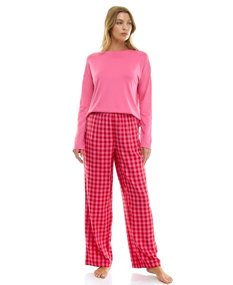 Roudelain Women's Printed Open Leg Contrast Waistband Flannel Pants