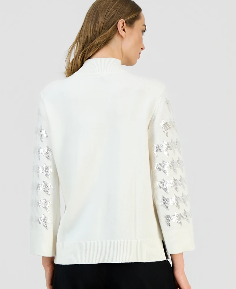 Anne Klein Petite Sequin Houndstooth Mock-Neck Sweater