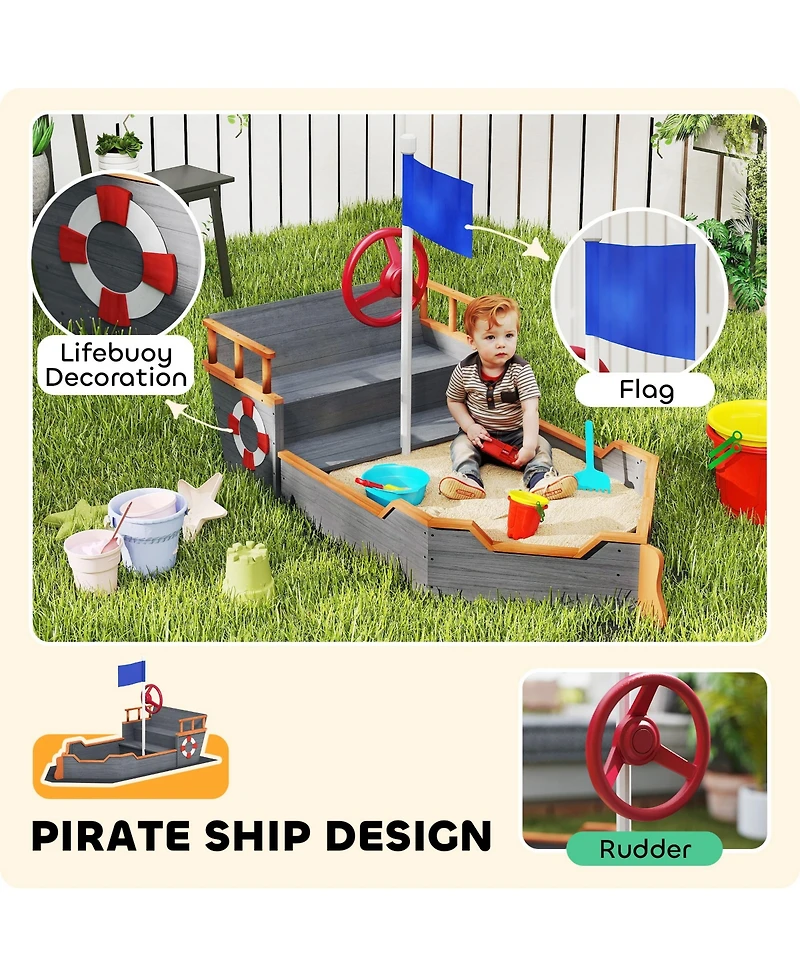 Outsunny 62 in. Wooden Kids box with Bottom Liner, Seats, Storage,