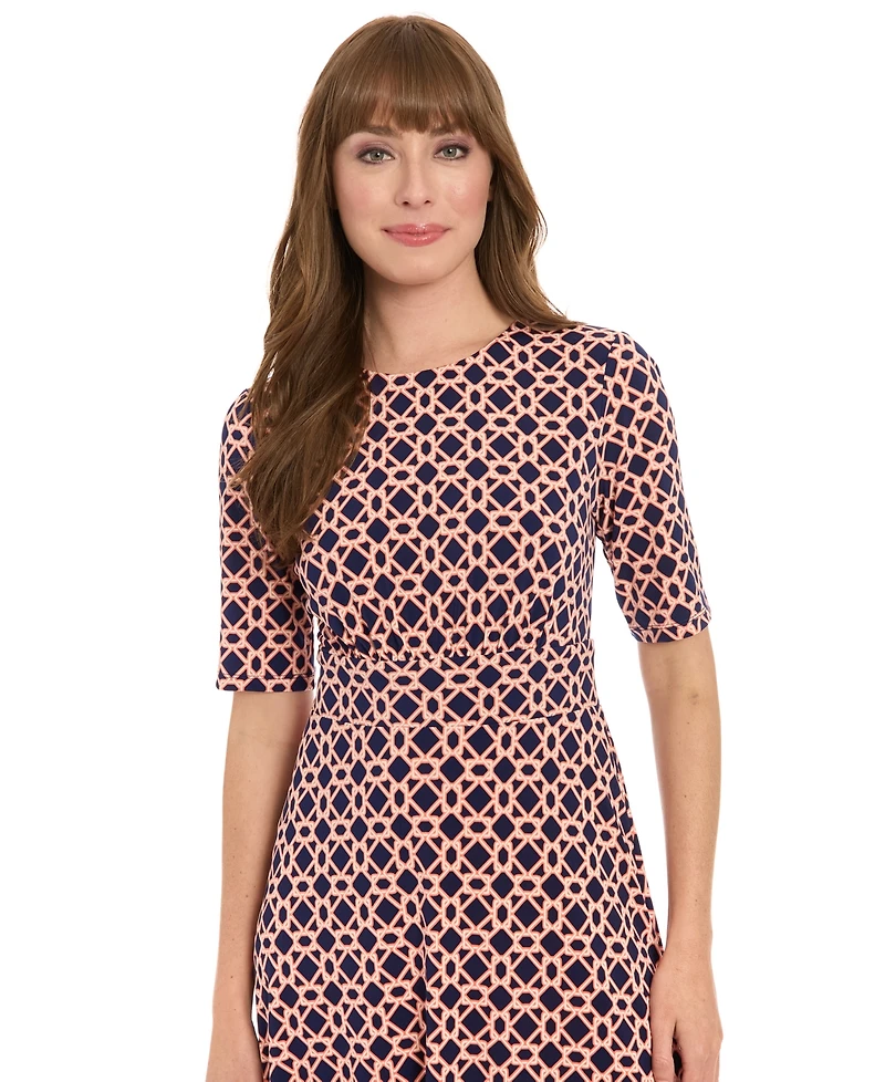 London Times Women's Printed Elbow-Sleeve A-Line Dress