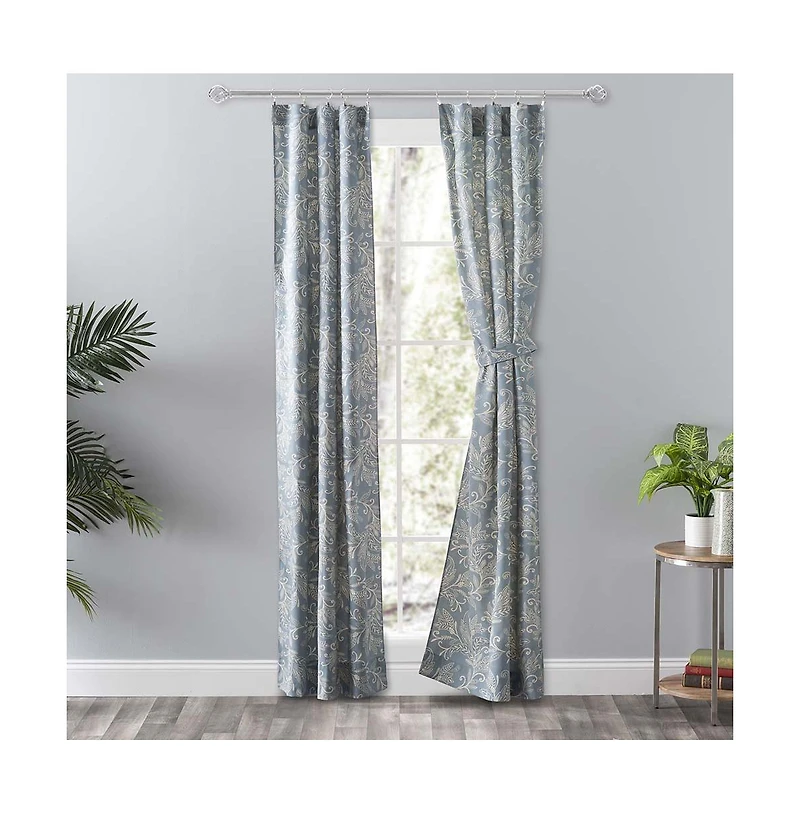 Ellis Curtain Lexington Leaf Pattern on Colored Ground Curtain Pair with Ties 56" x 84'' Blue