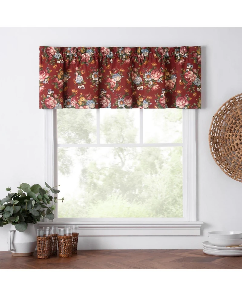 Ellis Bella Rose Stylish Medium Scale Printed Floral Pattern 1.5" Rod Pocket Tailored Valance 58"x15" Red