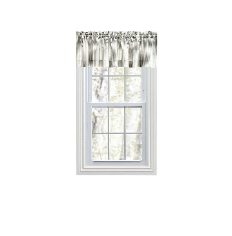 Ellis Curtain Plaza Classic Ticking Stripe Printed on 1.5" Rod Pocket Natural Ground Tailored Valance 58" x 15" Sage