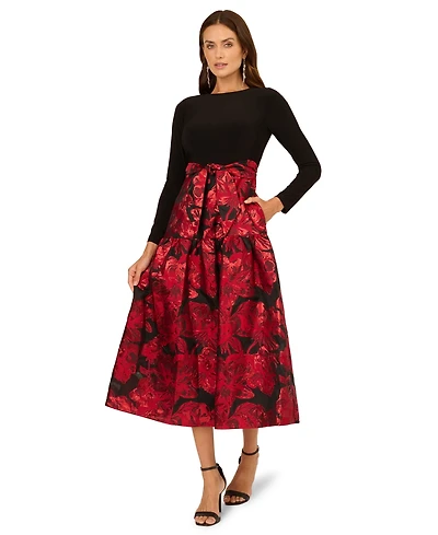 Adrianna Papell Women's Mixed-Media Tie-Waist Gown
