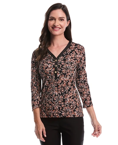 Rafaella Petite Floral Print 3/4 Puff Sleeve V-Neck Top