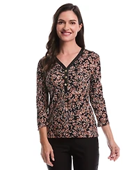 Rafaella Petite Floral Print 3/4 Puff Sleeve V-Neck Top