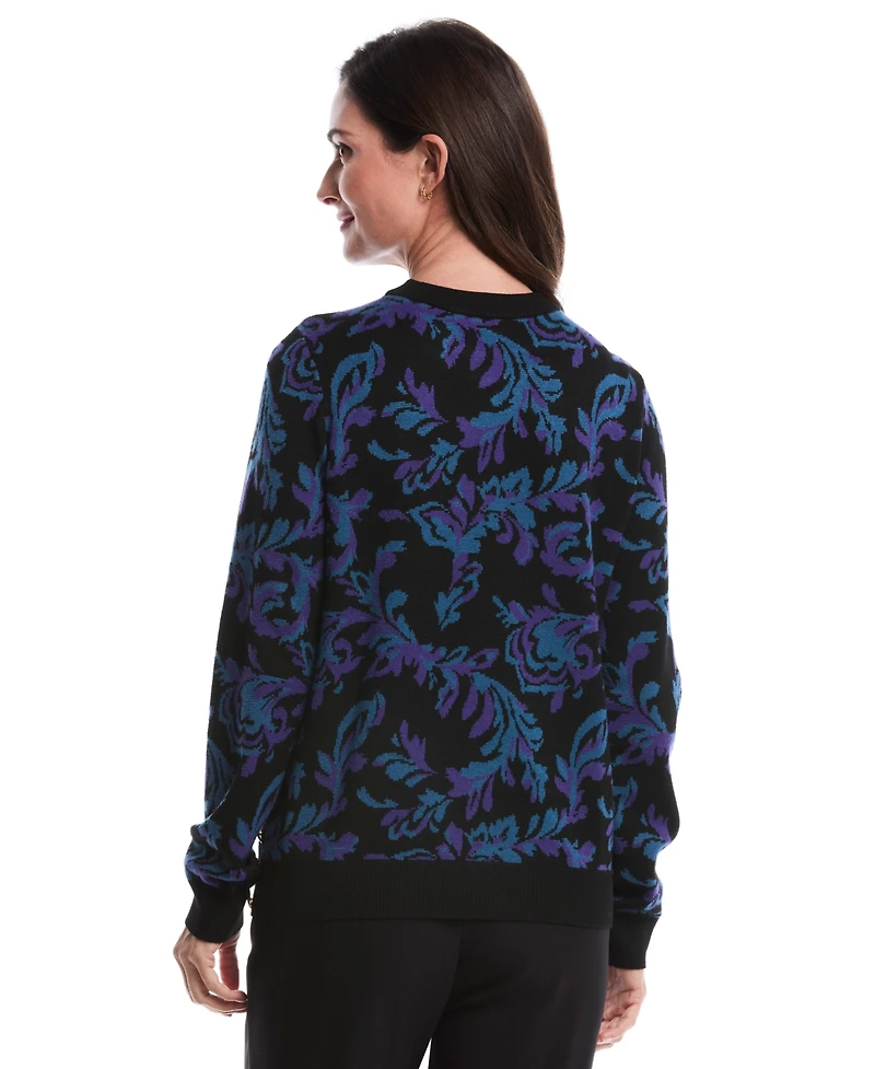 Rafaella Petite Scrolls Print Crew Neck Novelty Long Sleeve Sweater