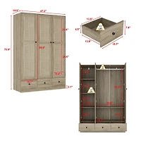 Homsee Rattan Doors Wardrobe with 3-Drawers, Hanging Rod,Bedroom Armoire,Closet