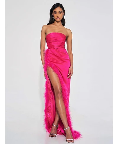 Miss Circle Women's Perrin Fuchsia Pink Feather Dress High Slit Gown
