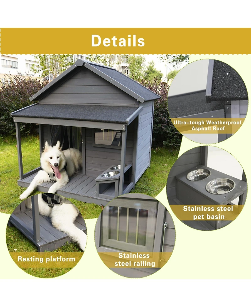 Aostirmotor 44.2 in. W x 44.6 in, D x 44.6 in. H Large Weatherproof Doghouse with Large Terrace and Cleaning mat, Feeding Bowl
