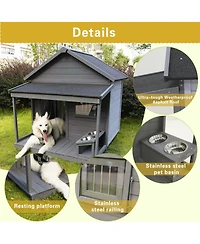 Aostirmotor 44.2 in. W x 44.6 in, D x 44.6 in. H Large Weatherproof Doghouse with Large Terrace and Cleaning mat, Feeding Bowl