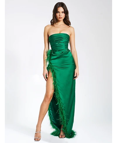 Miss Circle Women's Perrin Emerald Green Feather Dress High Slit Gown