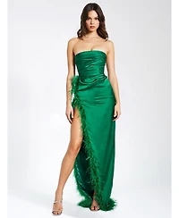 Miss Circle Women's Perrin Emerald Green Feather Dress High Slit Gown