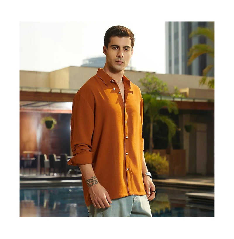 Campus Sutra Men's Rust Orange Breezy Wrinked Shirt