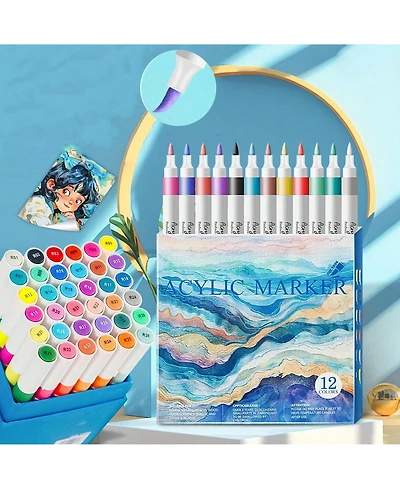 Htutwoo 12 Colors Acrylic Paint Markers Brush Tip for Wood Rock Fabric Ceramic,Marker Art Pens for Christmas Halloween Birthday Party Diy