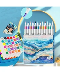 Htutwoo 12 Colors Acrylic Paint Markers Brush Tip for Wood Rock Fabric Ceramic,Marker Art Pens for Christmas Halloween Birthday Party Diy