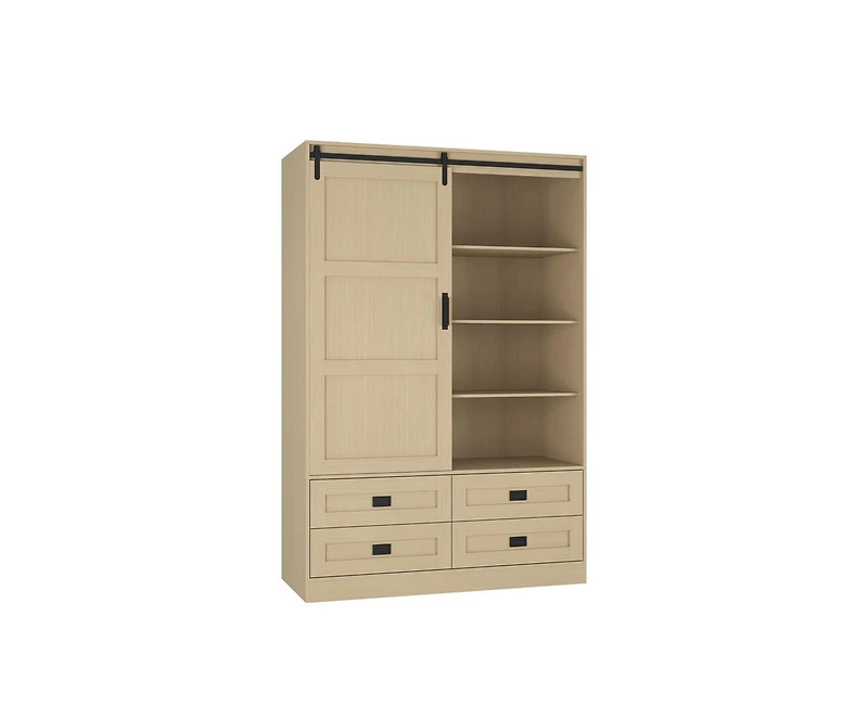 Casainc Tall Cabinet Wardrobe Closet Clothing with Hanging Rod Barn Door Drawers Open Shelves