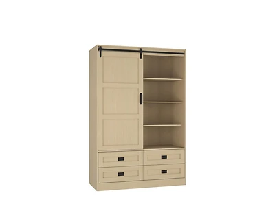 Casainc Tall Cabinet Wardrobe Closet Clothing with Hanging Rod Barn Door Drawers Open Shelves