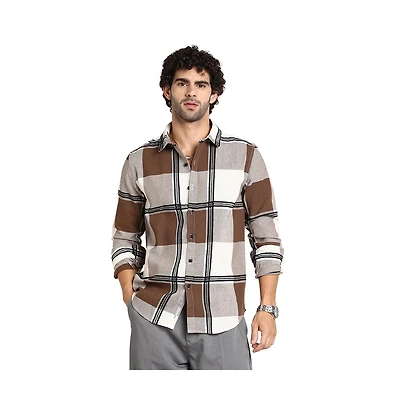 Campus Sutra Men's Russet Brown Overlap Buffalo Shirt