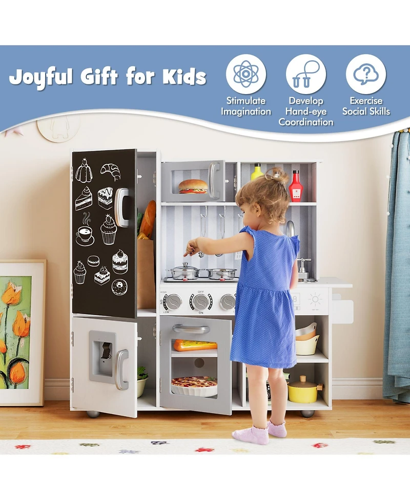 Gymax Play Kitchen Toy Set w/ Chalkboard Oven Sink Faucet Stove Water Dispenser
