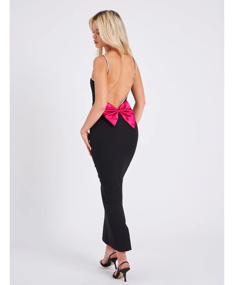 Miss Circle Women's Flore Black Crystal Straps Backless Gown With Bow