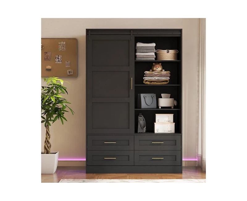 Tall Cabinet Wardrobe Closet Clothing with Hanging Rod Barn Door Drawers Open Shelves