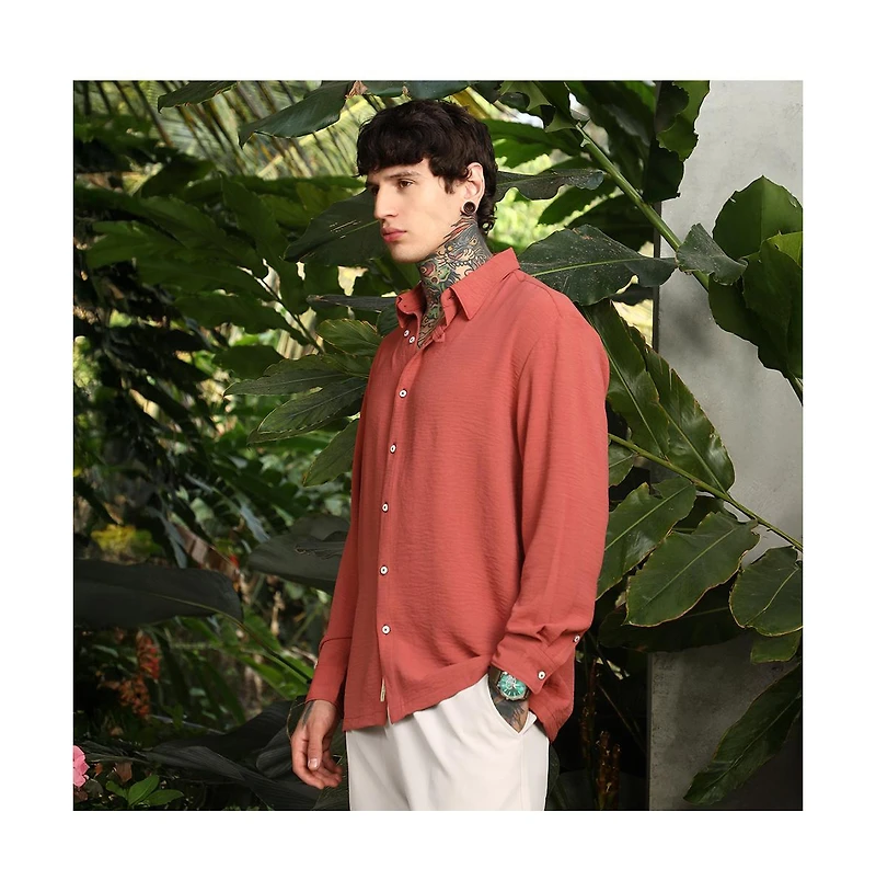 Campus Sutra Men's Coral Orange Breezy Wrinked Shirt