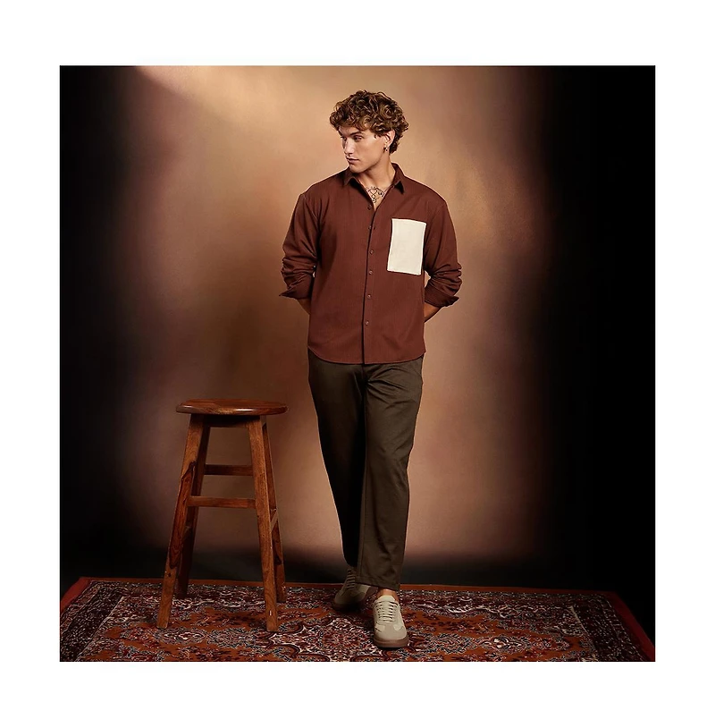 Campus Sutra Men's Chocolate Brown Block-Patch Oversized Shirt