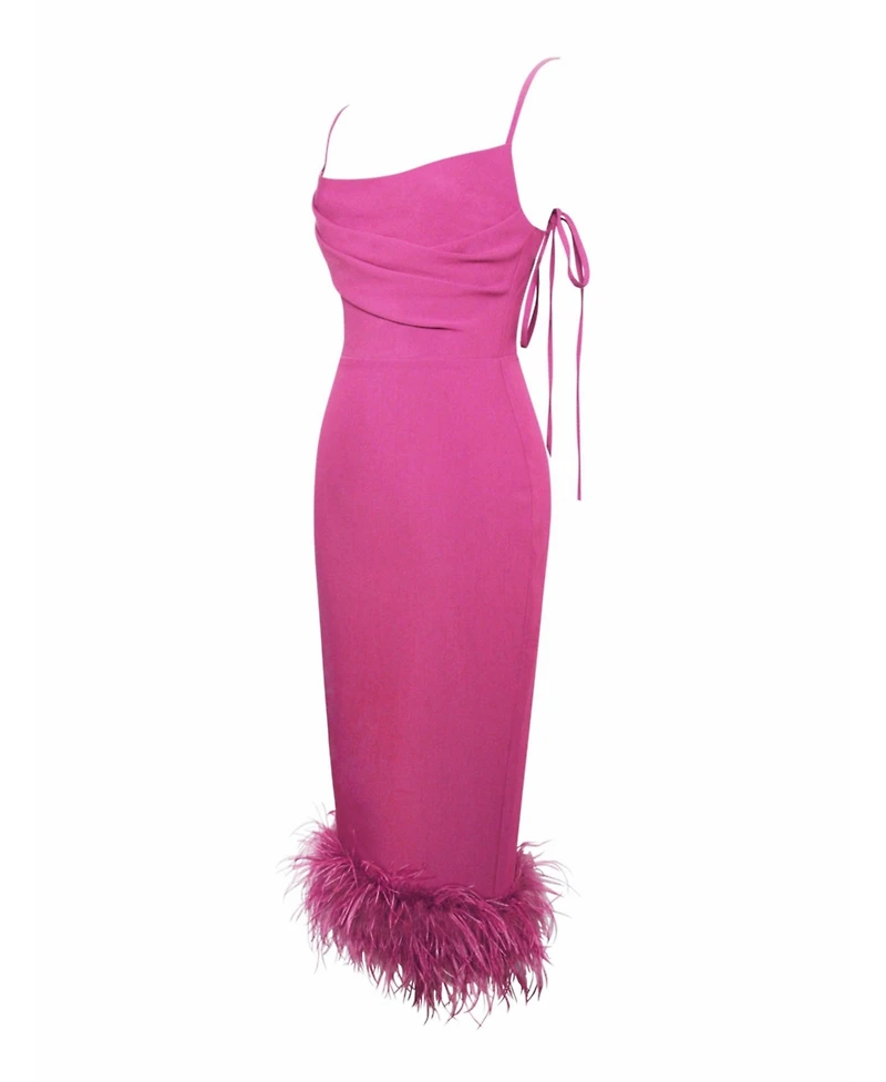 Miss Circle Women Fiona Fuchsia Feather Trim Bottom Maxi Dress