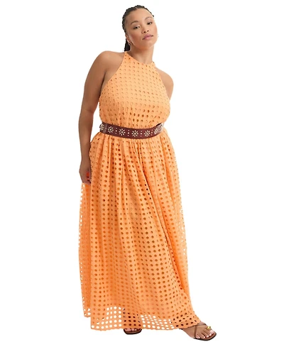 June + Vie Women's Halter Eyelet Maxi Dress