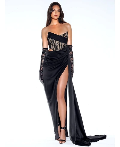 Miss Circle Women's Callie Black Lace Satin Corset High Slit Gown