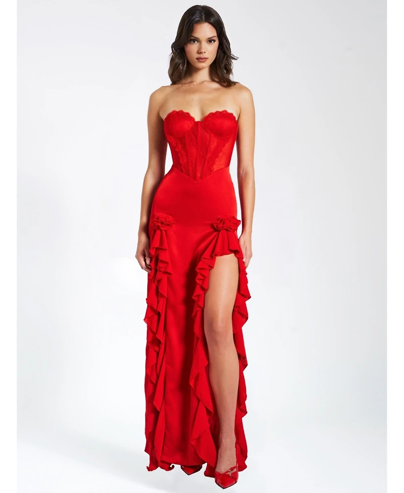 Miss Circle Women's Talia Red Satin Lace Corset Maxi Dress