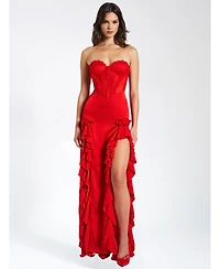 Miss Circle Women's Talia Red Satin Lace Corset Maxi Dress
